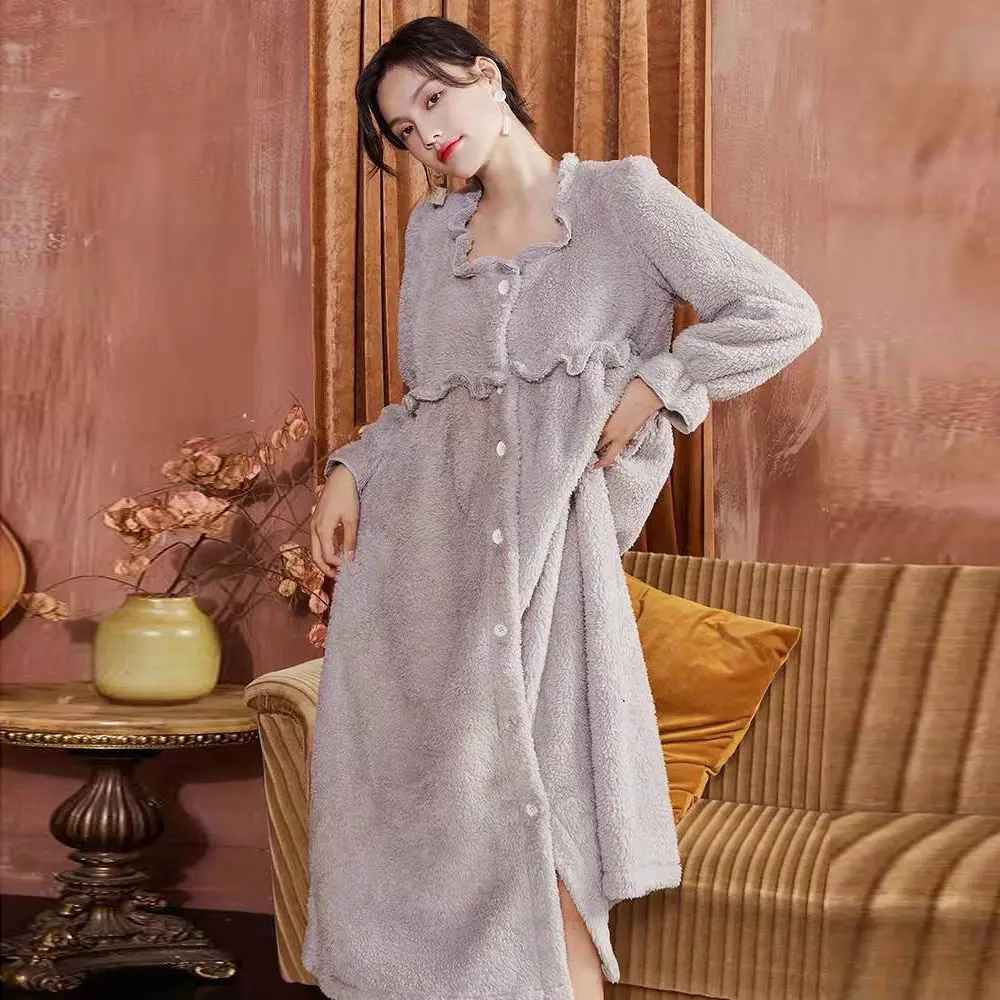 

Coral Fleece Long Nightgown Women Sleepwear Autumn Winter Flannel Bathrobe Lounge Wear Elegants French Home Dress Nightwear