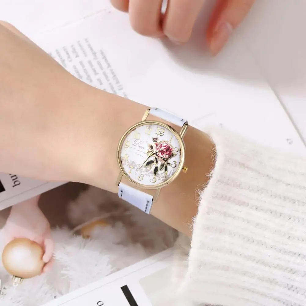 Reloj con patrón de rosa para mujer, pulsera con esfera redonda clásica, correa de piel sintética, movimiento de cuarzo preciso, regalo de cumpleaños y Aniversario