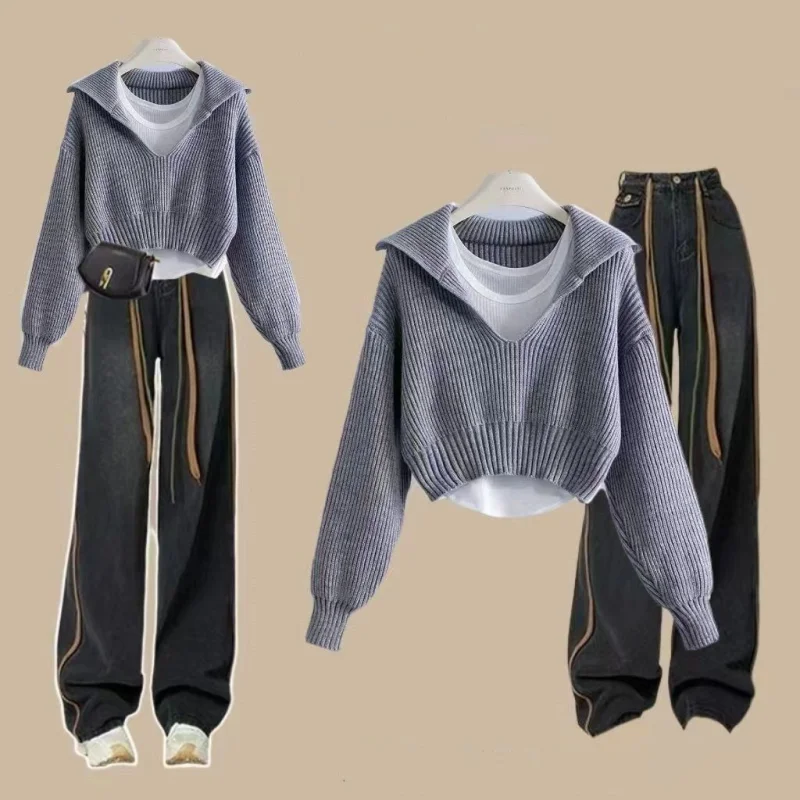 2023 Spring and Autumn Fashion Suit Women's New Lazy Pullover Sweater Bottom Tank Top High Waist Casual Pants Three Piece Set