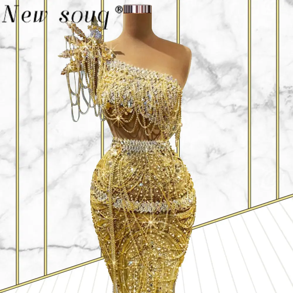 Luxury Crystals One Shoulder Yellow Dubai Evening Dresses for Women Wedding Party Mermaid Long Graduation Pageant Prom Gowns