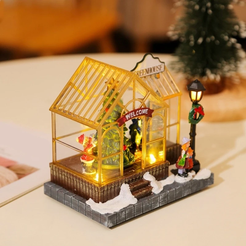 Christmas Musical Light Up Village House Resin Ornament with LED Light Rotating Tree Figurines Holiday Table Decoration
