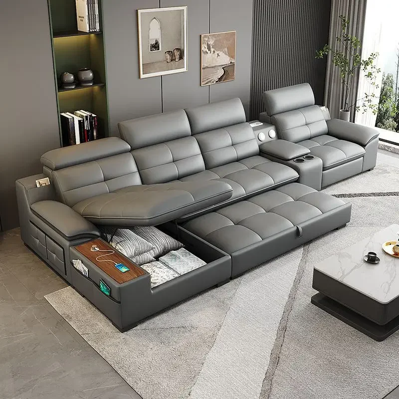 Storage small apartment leather sofa combination, Italian modern living room straight sofa bed