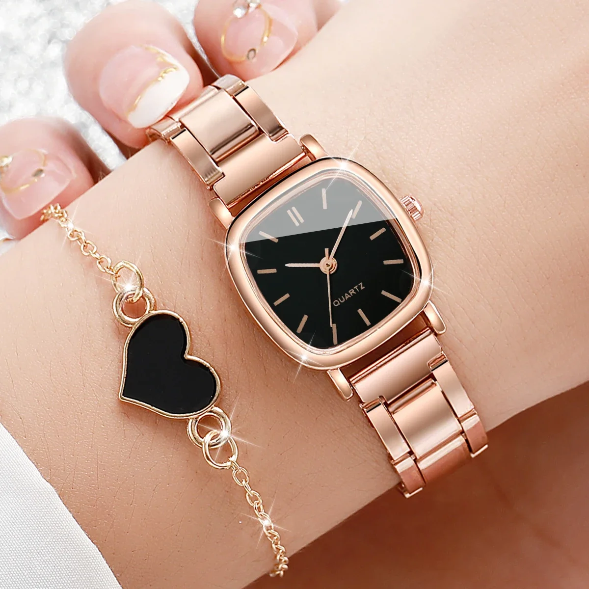 2PCS/Set Fashion Square Women Watches Stainless Steel Band Quartz Watch Heart Bracelet Set