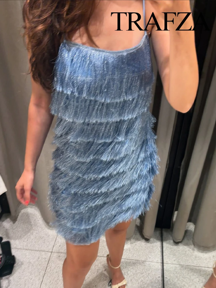 

HH Women's Tassel Lined Mini Dress 2025 Fashion Woman Sexy Slim Sleeveless Backless Blue Elegant Party Halter Dresses