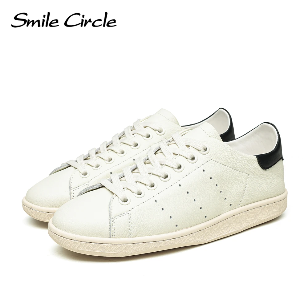 Retro Cow Leather Sneakers Women/Men Comfortable Soft Lace-up Flat Shoes Lady White Sneakers