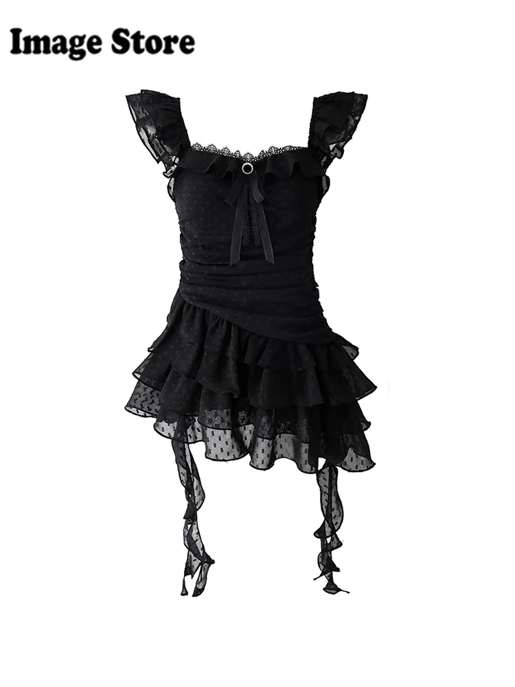 Summer Women Dark Academia Dress Korean Sleeveless Frocks One-Piece Y2k Shoujo Irregular Design 2000s Gothic Lace Coquette Gyaru