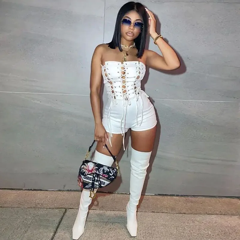 

Sexy Club Bandage Playsuit Summer Outfits for Woman Strapless Lace-Up Hollow Out Skinny Bodycon Jumpsuit Shorts Party Romper