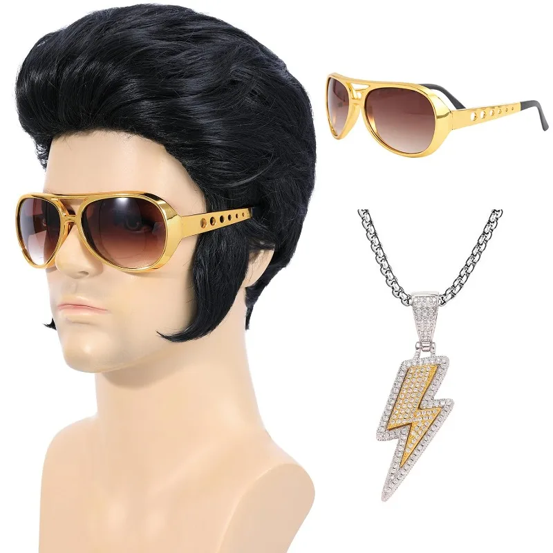 4pcs 50s Rocker Costume Set - Elvis Presley Style Wig with Sunglasses & Necklace - Adult Men's Halloween Cosplay Party Outfit