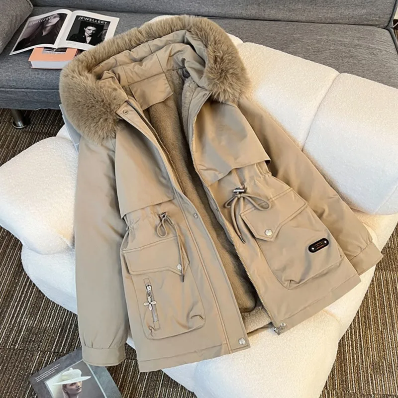 

2025 Women's Oversized Hooded Puffer Coat Thickened Warm Military Style Winter Outwear with Fleece Lining Plus Size Work Coat