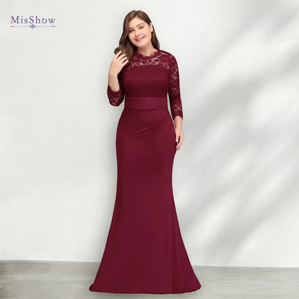 In Lager Meerjungfrau Spitze Elegante Lange Abendkleider Scoop Neck 3/4 Sleeve Abendkleider mit Schärpen Hochzeit Party Kleider Vestido