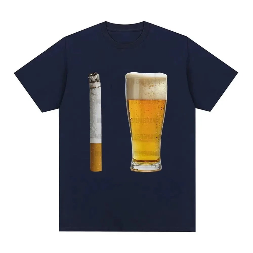 Realistic Foamy Beer Glass Cigar Graphic Men T Shirt Minimal Retro Streetwear Loose Soft Black Daily Short Sleeve Tee
