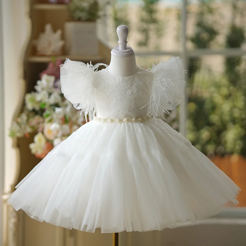 

Luxurious baby Girls Princess White feathered flowers tutu Dress Childre Wedding Gown infant Birthday Party Kids Dresses