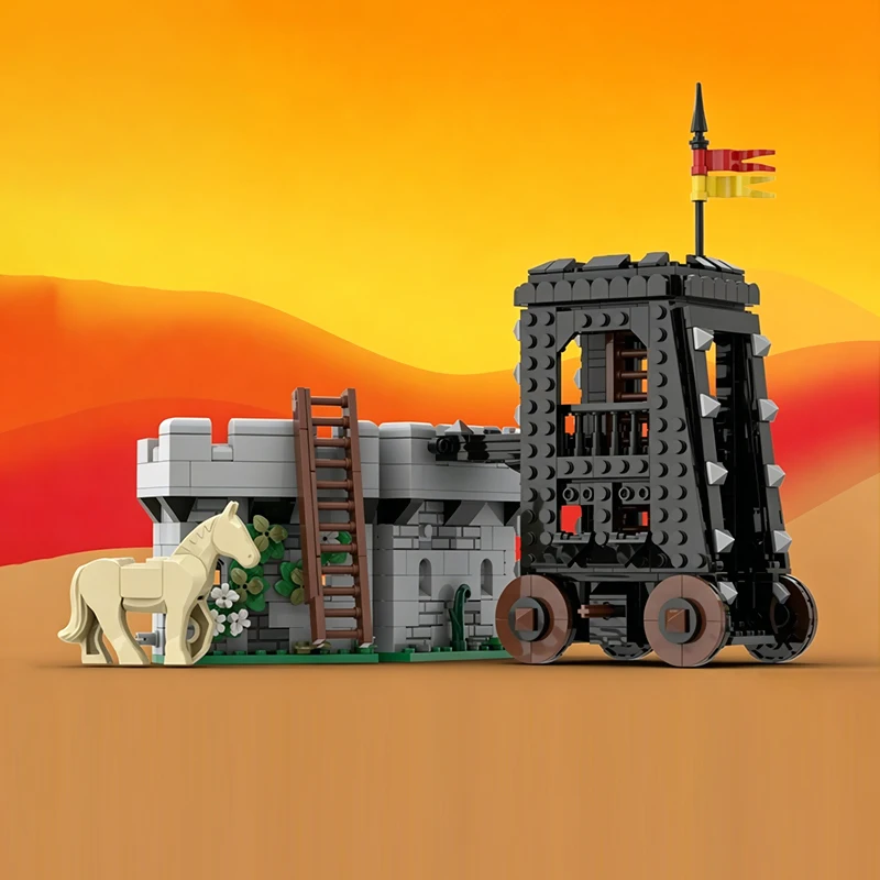 Medieval Castle Model MOC Building Bricks Mobile Siege Tower Modular Technology Gifts Holiday Assemble Children Toys Suit