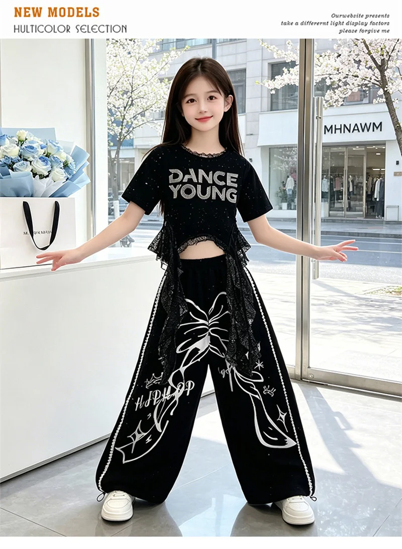 Neuheiten Hip-Hop Kleidung für junge Mädchen, Anzug mit Crop-Top und Hose, modischer Print, 2-teiliges Streetwear-Tanzkostüm für Kinder 8 10 12 Jahre – Detail 5