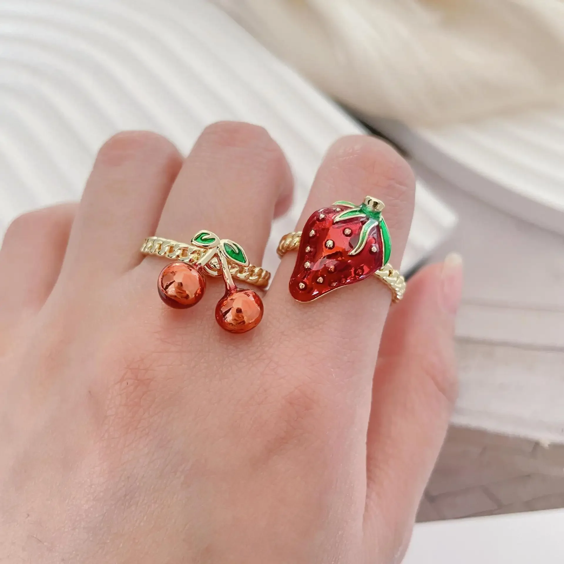 Enamel Strawberry Cherry Ring Cute Adjustable Gold Plated Copper Rings for Women Bijoux Femmes Girls Strawberry Cherry Jewelry