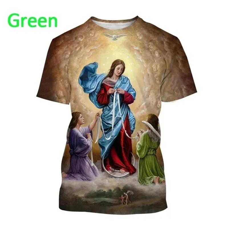 Virgin Mary 3D Printing T Shirt Summer Fashion Christian Mother Of God Pattern Short Sleeved Unisex Street Faith Casual T-Shirt