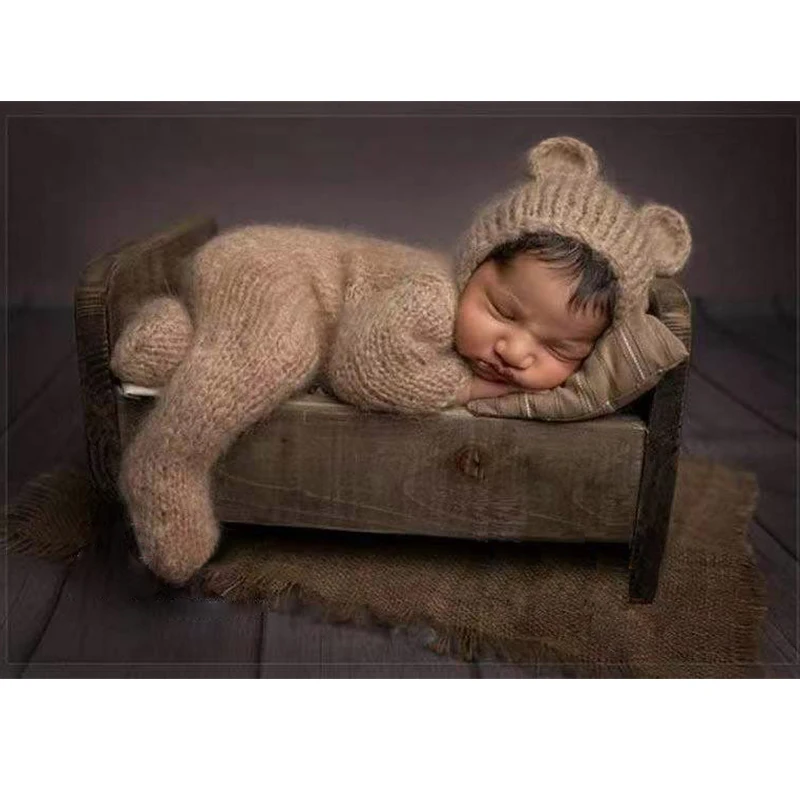 2pcs/set Newborn Photography Props Baby Costume Romper Jumpsuit Crochet Hat Wool Baby Boy Girl Outfit Baby Animal Photo Prop