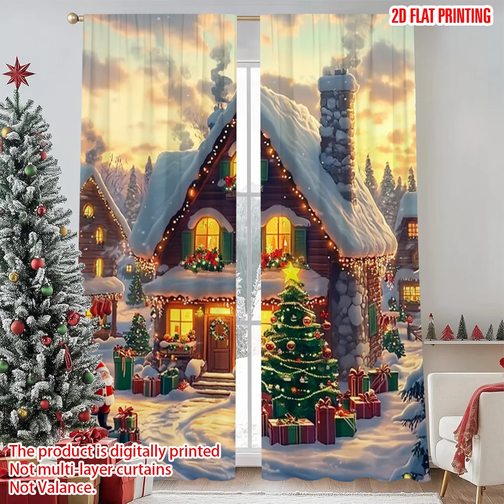 

2pcs 2D flat printing Christmas Scene Curtain Christmas tree design Versatile Polyester Fabric Without Electricity Festive Wall