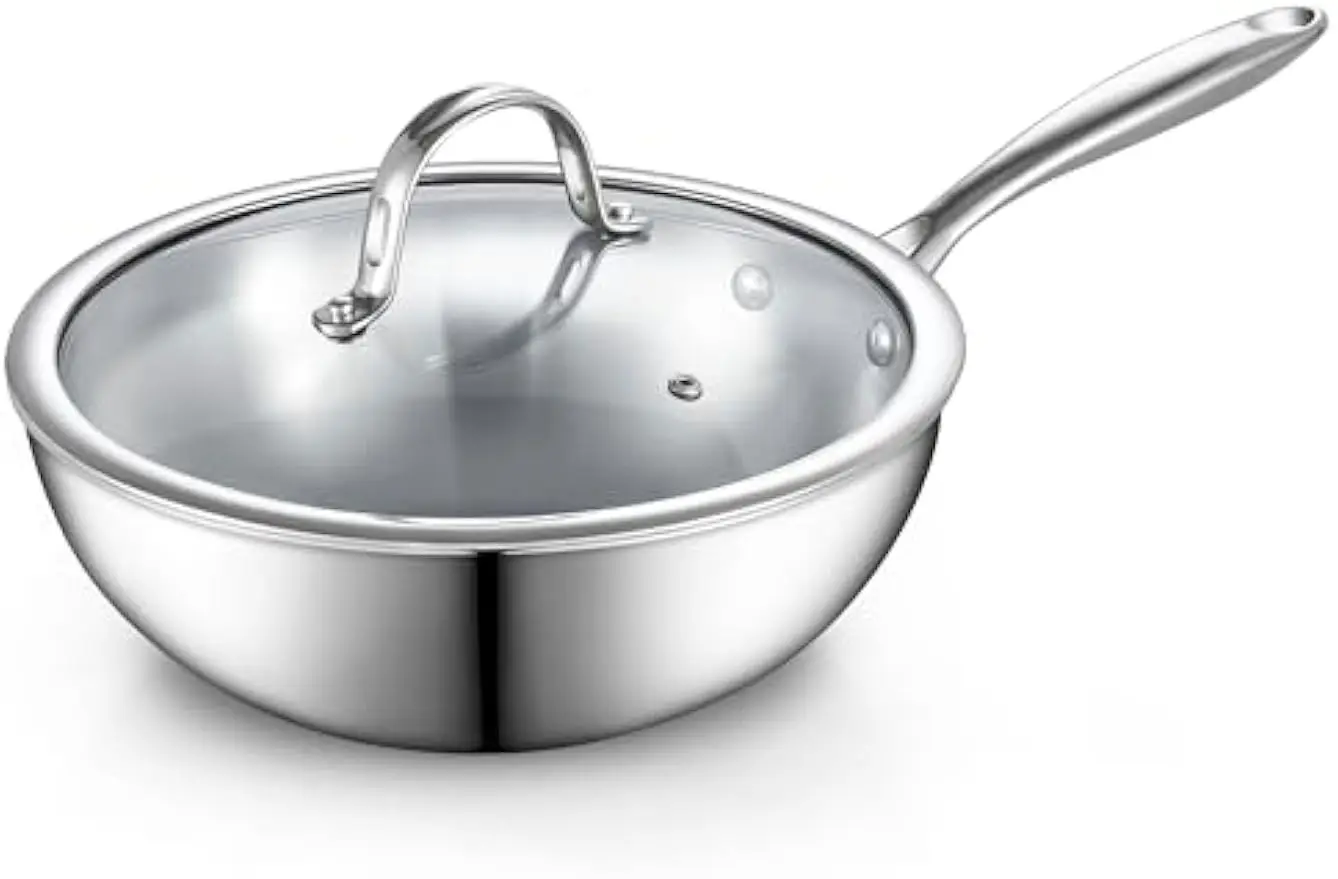 

10.5 Inch Stainless Steel Wok Pan with Lid, Multi-Ply Clad for Even Heating, Induction Compatible