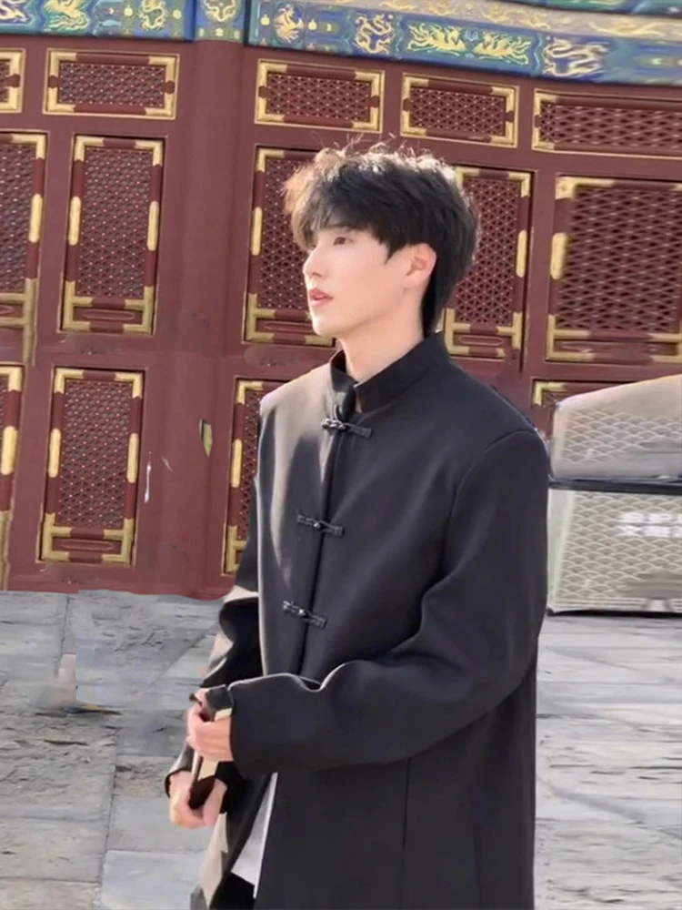 

Men's New Chinese Sle Stand Collar Suit Jaet Bla Wedding Guest Wear Stand Fit Long Sve Anti-Wrinkle Treaent