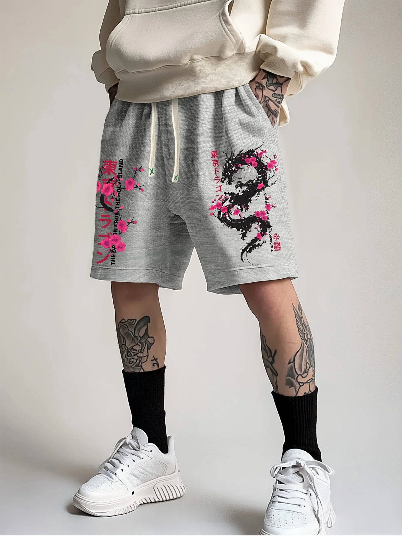 Men's ink wash style dragon and cherry blossom pattern printed sports shorts summer casual shorts fashionable and stylish shorts