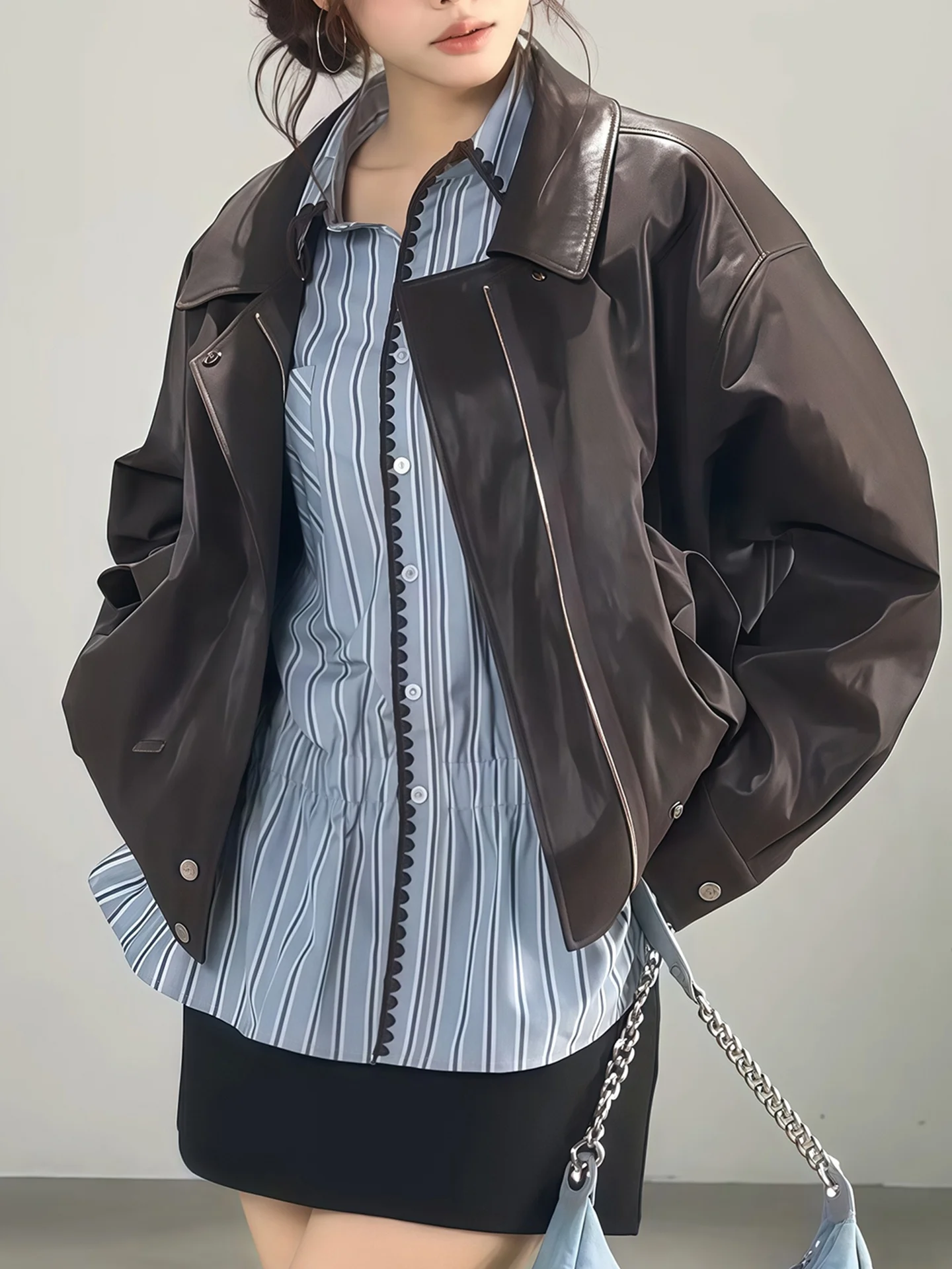 アメリカン スレ ブラウン レザー ジャケット レディース ルーズ オーツ コート 秋冬 新デザイン センセーション スモール エンス カジュアル ジャケット