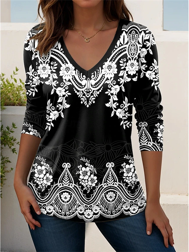 Women's Elegant Autumn V-Neck Long-Sleeve T-Shirt Vintage-Style Ethnic Print Stylish Comfortable and Trendy Street-Style Top