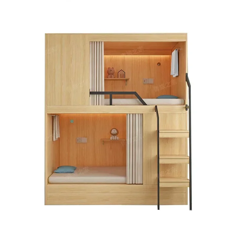 bunk beds of the same width under the upper and lower space capsules, beds that do not disturb each other up