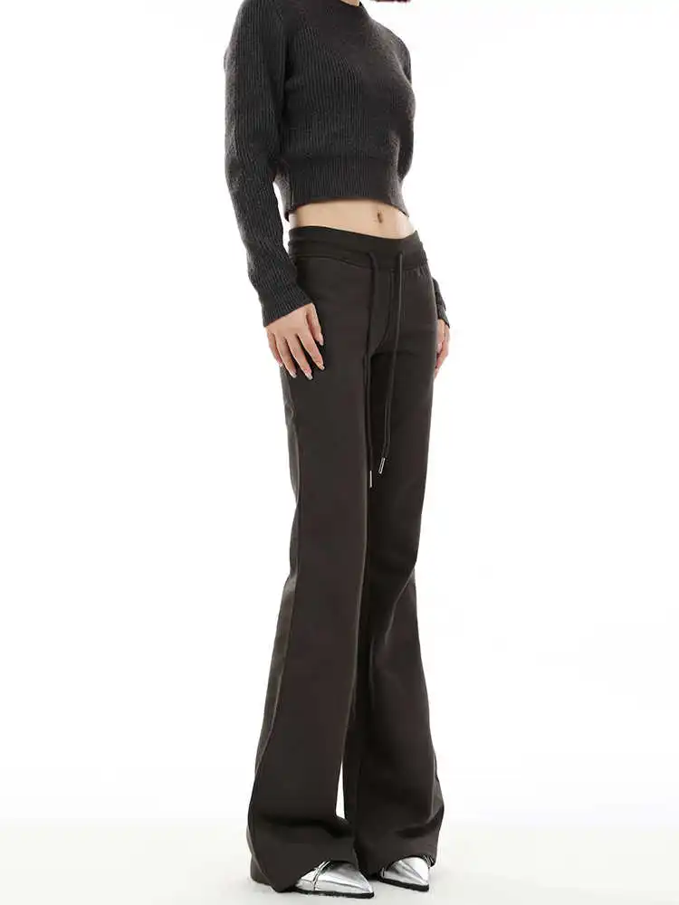 Women's Low Rise Pants American Retro High Street Sweat Pants 2000s Drawstring Long Trousers Pantalones Skinny Bell Bottom New