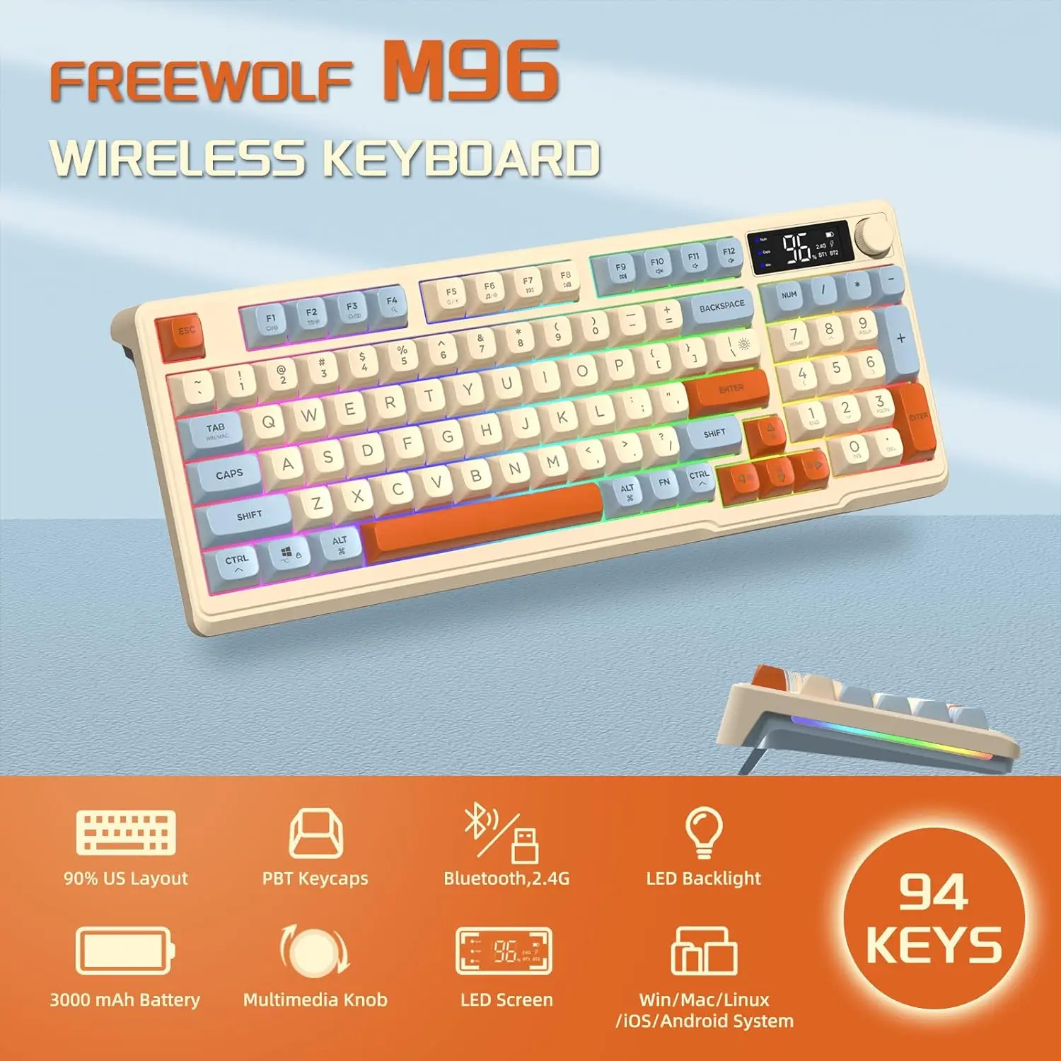 MAMBASNAKE x FREEWOLF M96 Wireless Gaming keyboard, Knob Control Bluetooth/2.4G Wireless Mechanical Feeling Keyboard