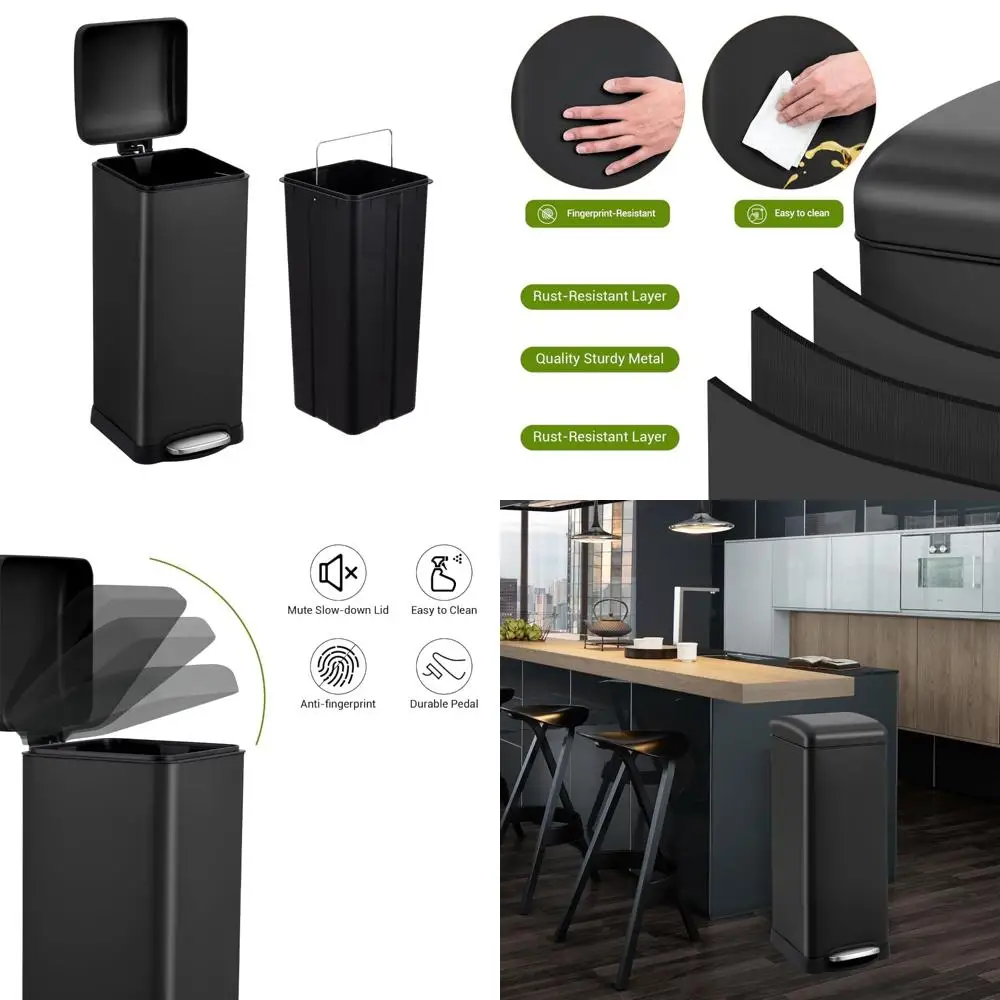 

stainless steel 30l kitchen trash bin with removable bucket and step-on recycling feature