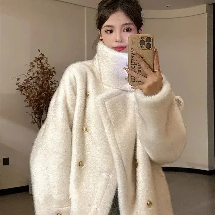 Elegant Warm Imitation Mink Fur Coat Women Faux Fur Jacket Winter Stand Collar Thicken Plush Woolen Outerwear Top Female Clothes