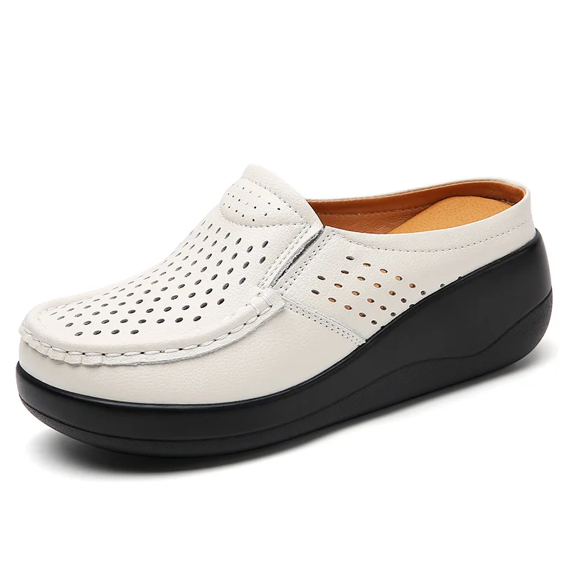 New Women Platform Slipper Ladies Genuine Leather Comfort Wedge Moccasins Slingbacks Shoes Slip on Women Casual Shoes