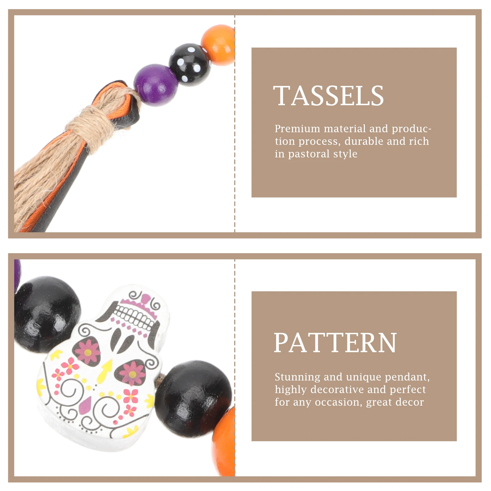 

Halloween Wooden Bead Garland Wall Hanging Decor Tassel Pendant Home Party Ornament Farmhouse Supplies Premium Wood Hemp