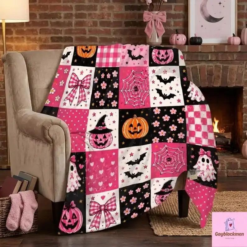 New Pink Halloween Patchwork Blanket, Playful Ghost Pumpkin Quilt, Breast Cancer Awareness Promotional Pattern
