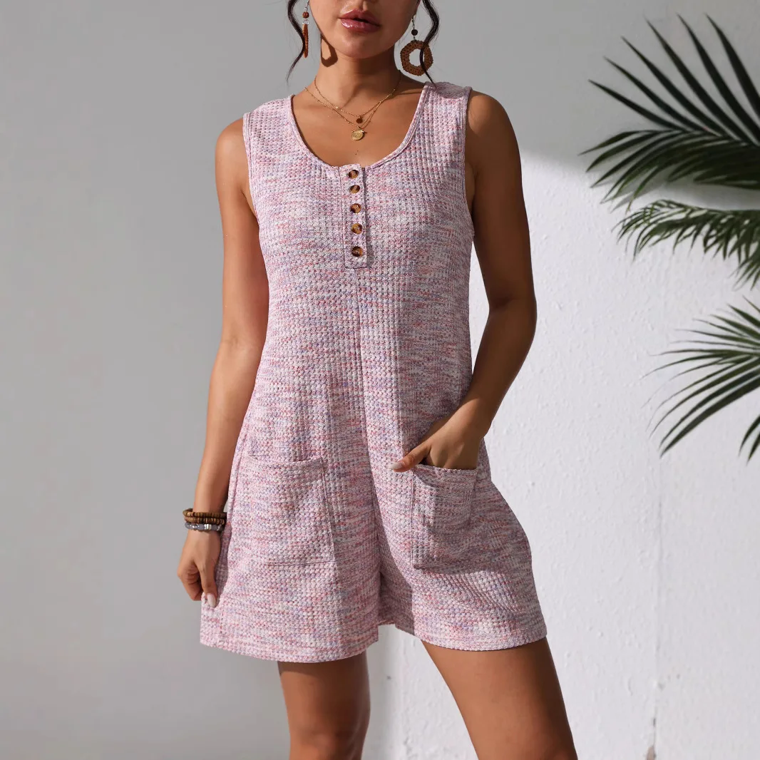 

Summer 2025 Casual Women's Jumpsuit with Button ket Vest Sle Comfortable ort Pants Length Fabric 00% Other