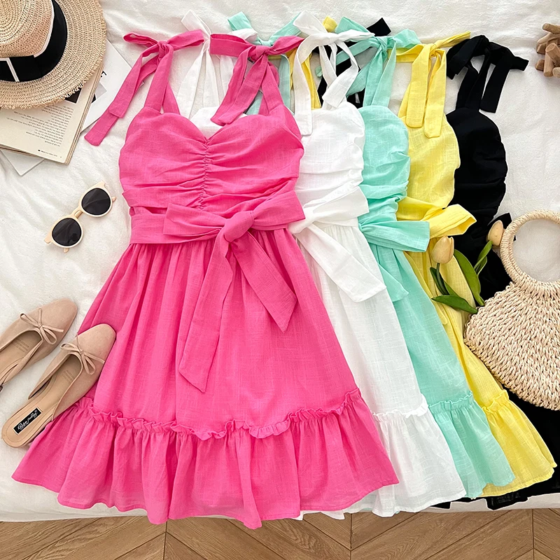 SsTss Sweet Bow Tied Spaghetti Strap Mini Party Dress Summer Fashion Women Sexy V Neck Sleeveless Backless Wrinkled A Line Dress