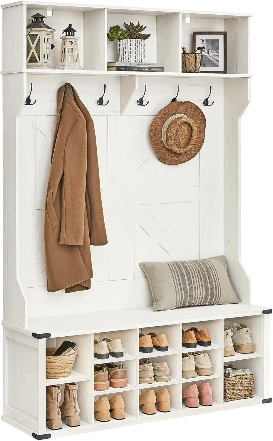 White Hall Tree with Bench and Shoe Storage Coat Rack with Shoe Bench Entryway Furniture 16 Open Compartments & Adjustable Shelf