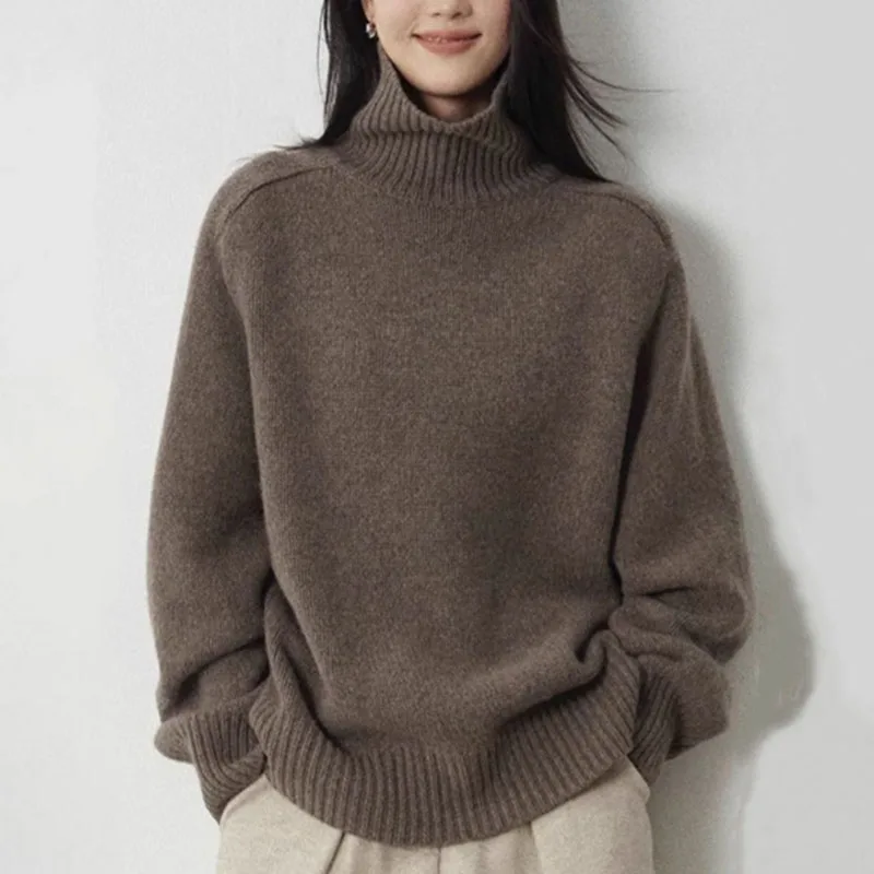 

Autumn Winter Women High-neck Cashmere Sweaters Thickened Warm Knitted Pullovers Solid Color Tops Lady Chic Turtleneck Knitwear