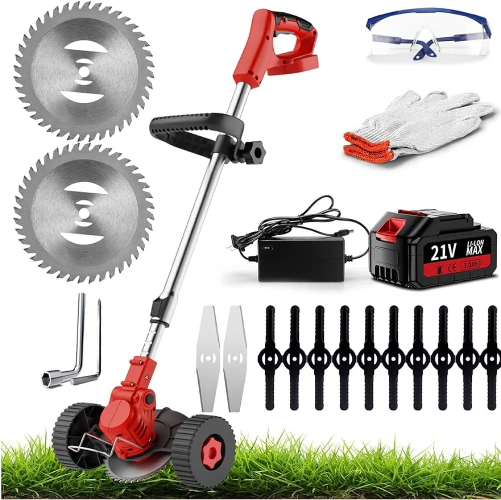 Battery Weed Wacker Cordless Weed Trimmer 21v Lawn Mower Grass Cutter Machine with 3.0ah Li-Ion & 3 Cutting Blade Types