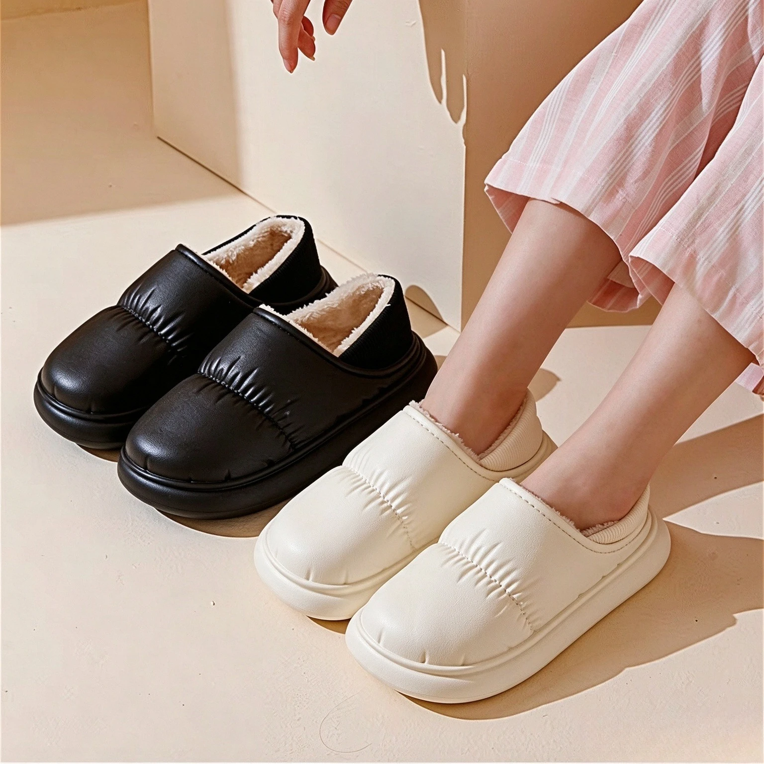 Women Men Winter Cloud Feel Slippers Waterproof EVA Closed Back Thick Sole Warm Fleece Non Slip Indoor Outdoor Cozy House Shoes