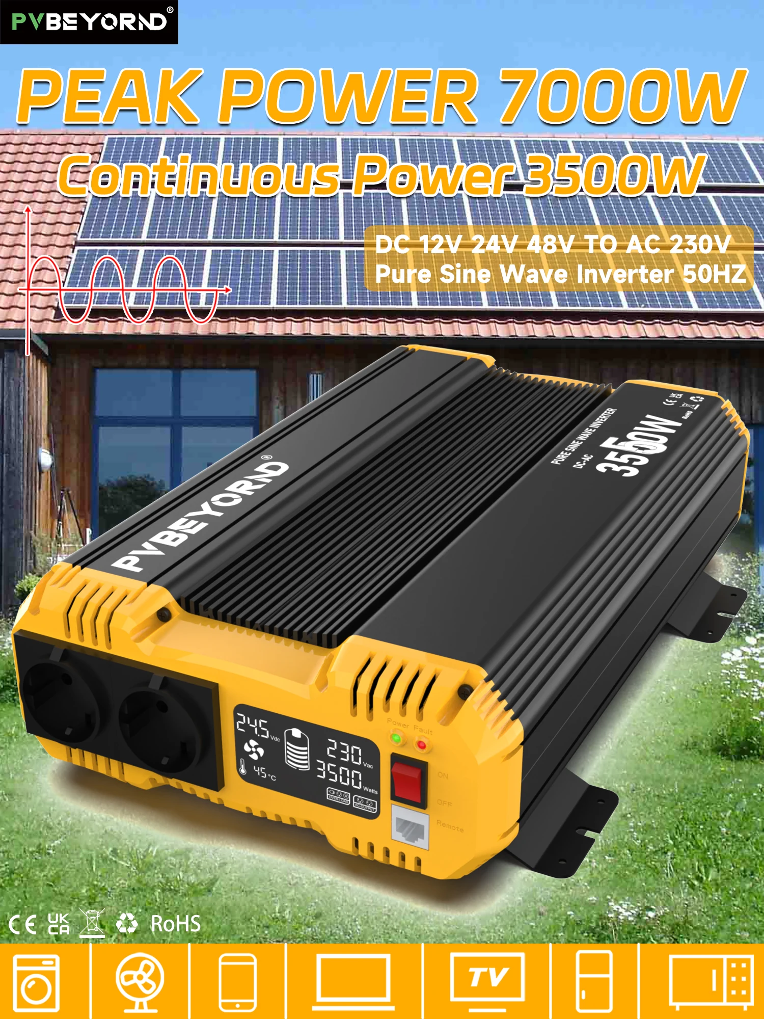PVBEYORND 7000W Zuivere Sinusomvormer DC 12V 24V 48V Naar AC 230V Sinusomvormer Thuis Camping En RV Continu Vermogen 3500W - afbeelding 2