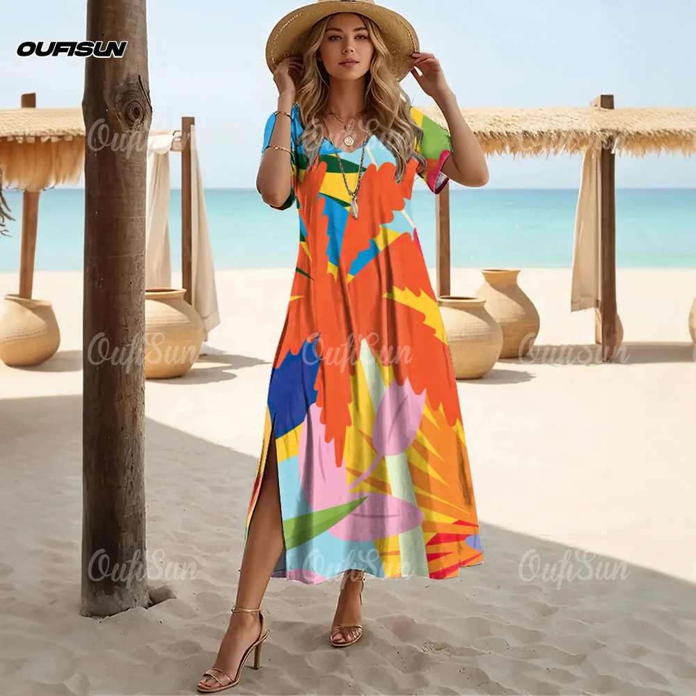 ฮาวายผู้หญิง V คอแยกฤดูร้อนชายหาดกลางแจ้งสบายๆดอกไม้พิมพ์ Tropical Botanical Boho สไตล์ชุด 2025 ใหม่