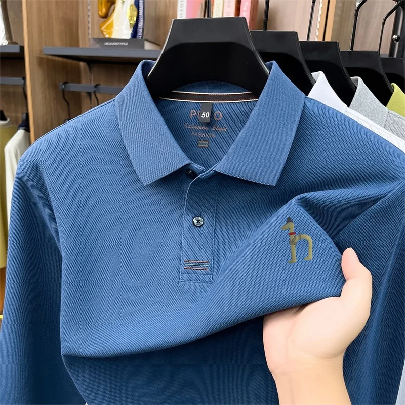 Luxus-Marken-Poloshirt für Herren aus 100% Weicher Baumwolle, Herbst-Neuheit, Einfarbig Bedruckt, Langarm, Revers-T-Shirt, Lässige Business-Herrenbekleidung – Detail 7