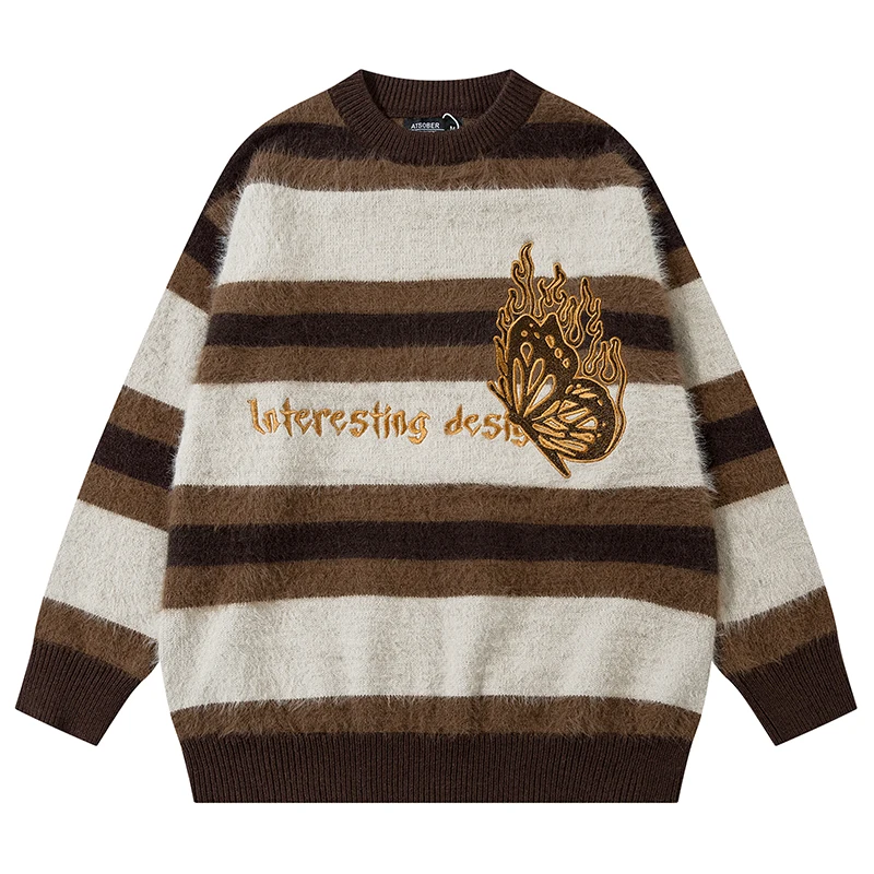 

Autumn Men Striped Knitted Jumper Sweaters Butterfly Embroidery Pullovers Streetwear Harajuku Casual Loose Fit Knitwear Clothing