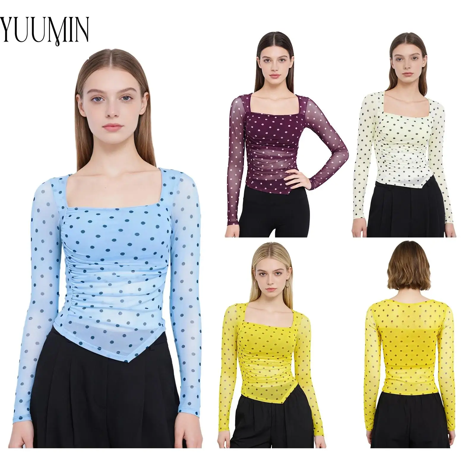 Women Gym Workout Sports Tops Yoga Clothing Dots Mesh Top Square-Neck Long Sleeve Asymmetrical Hem Ruched Tops with Built-in Bra
