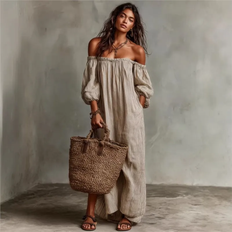 

Vintage Striped Print Maxi Dress 2026 Summer Sexy Fashion Off Shoulder Puff Sleeve Long Dresses Pocket Boho Beach Vacation