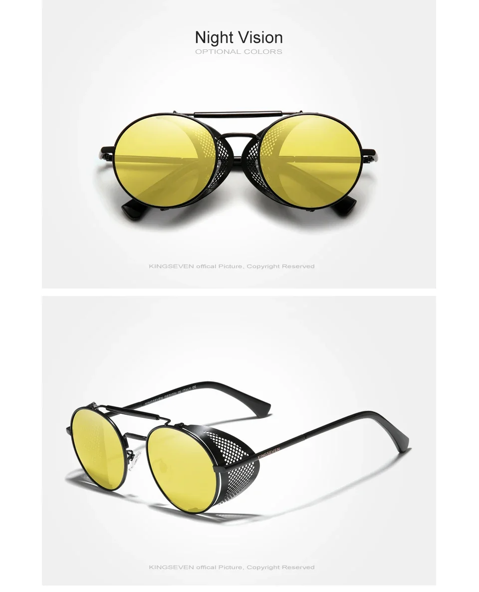 KINGSEVEN Mode Gothic Steampunk Sonnenbrille Polarisierte UV400 Männer Frauen Neue Designer Vintage Brillen Runde Pilot Rahmen Gläser – Detail 12