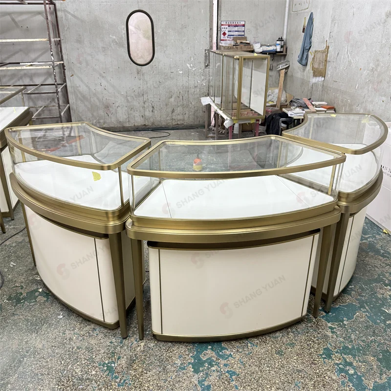 custom.Luxury Curved Lighting Jewellery Boutique Display Counter Furniture High End Custom Round Glass Jewelry Showcase