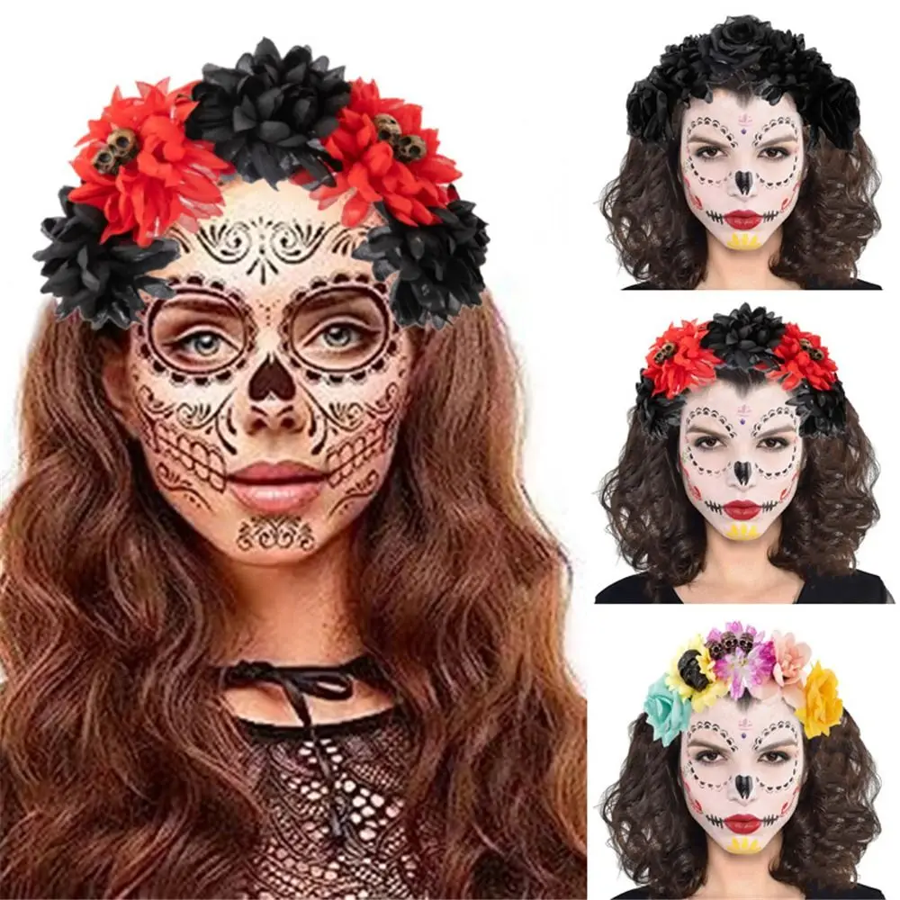 Day of The Dead Halloween Rose Flower Headband Black Veil Wedding Mexican Rose Flower Crown Headband Costume Cosplay Party